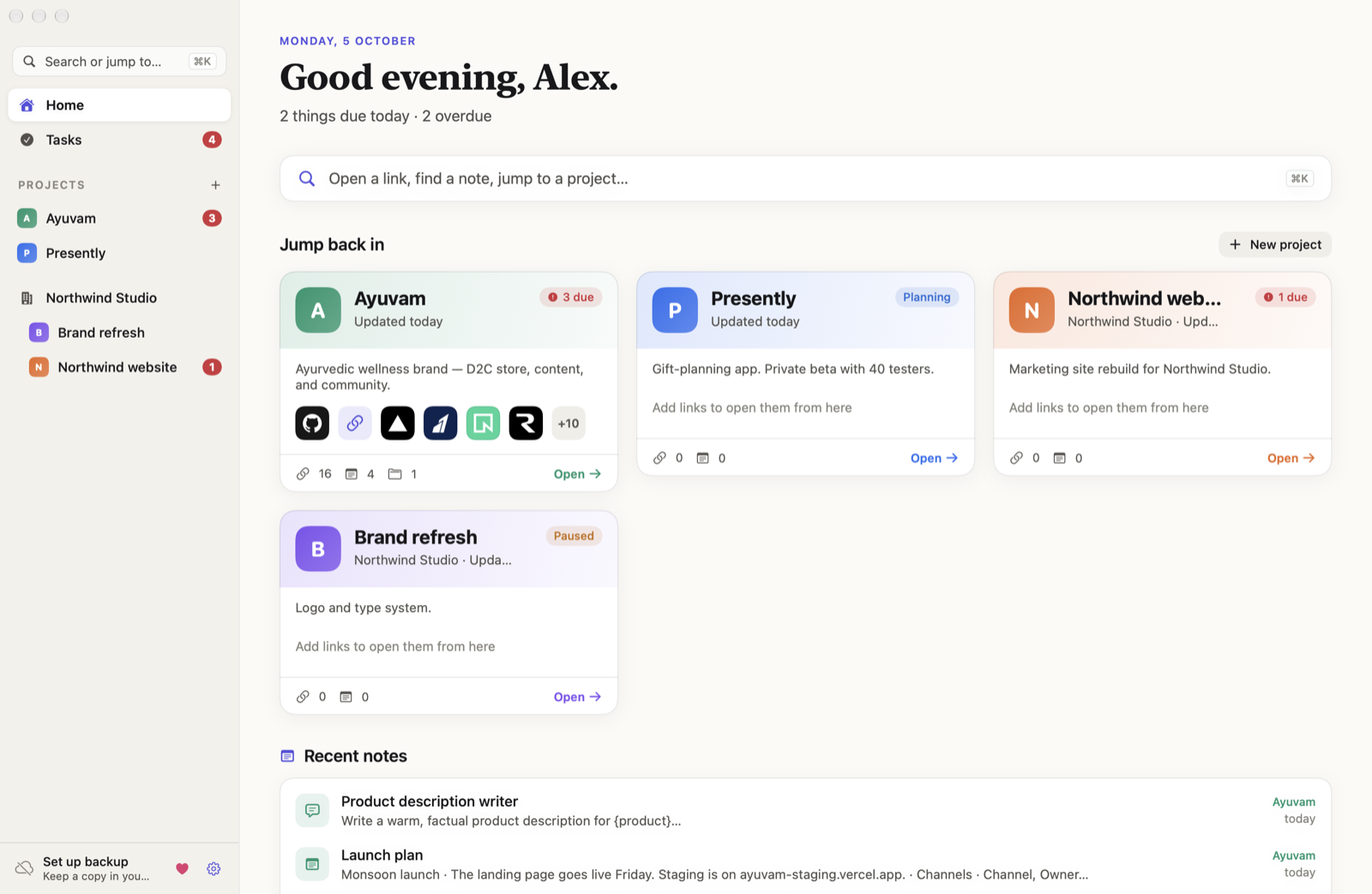 Context home screen with project tiles, one-click logos for each project's links, and recent notes
