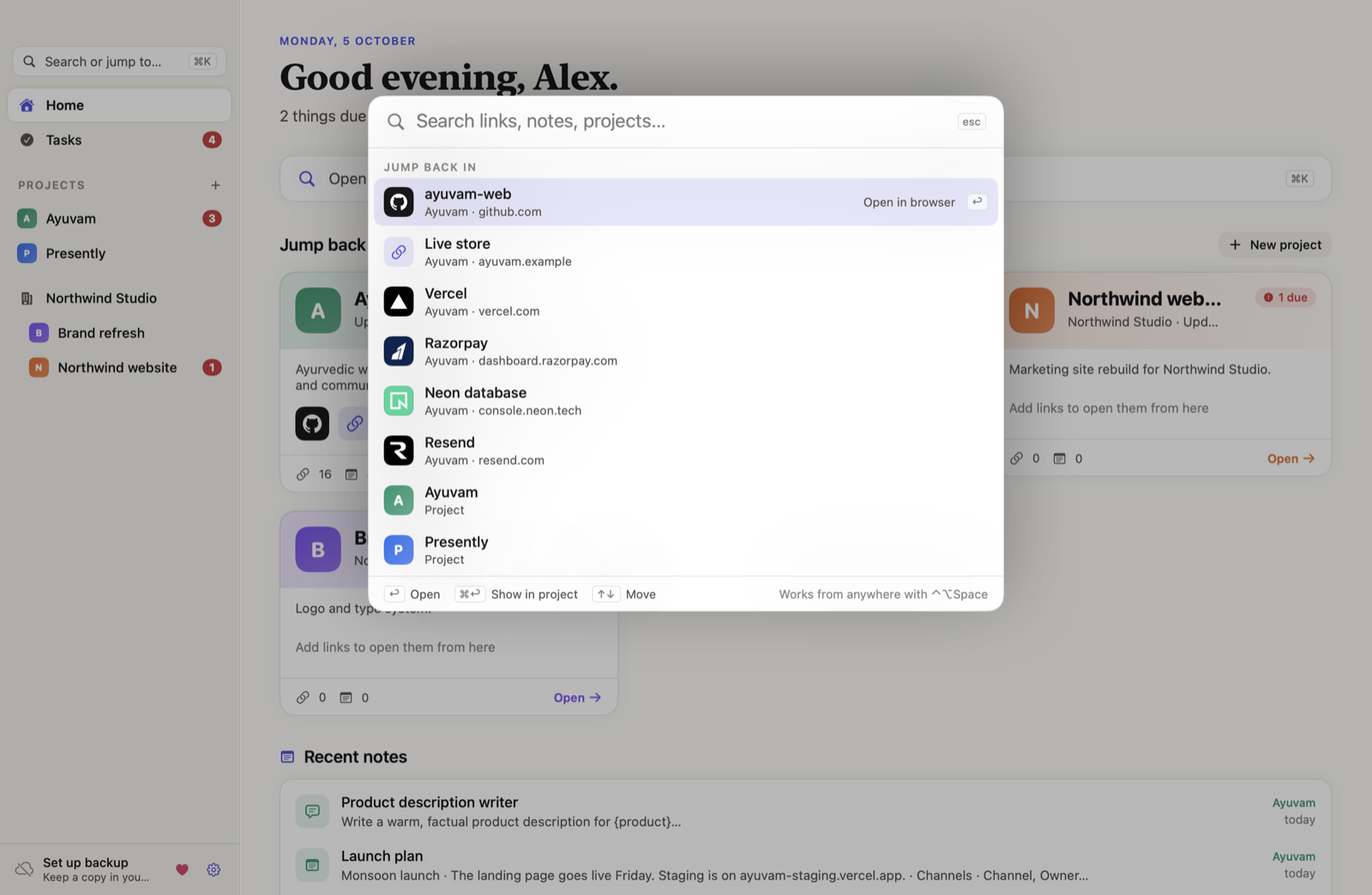 Command-K launcher searching across links, notes, and projects