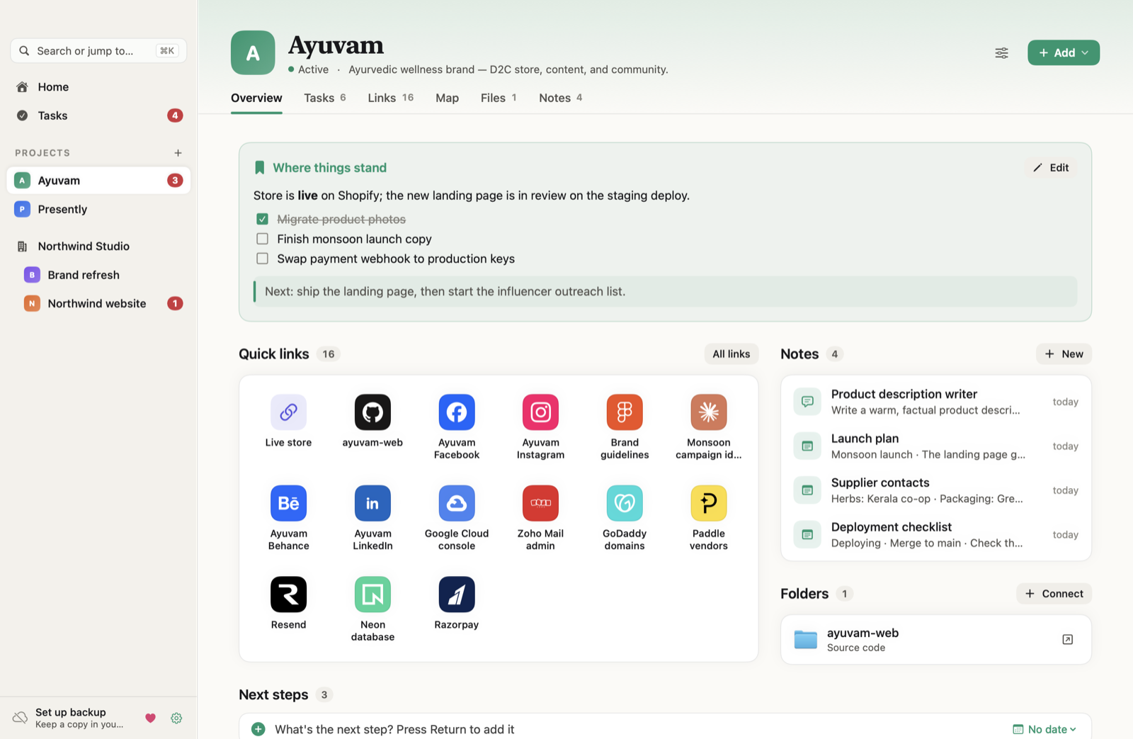 Project overview with where-things-stand note, quick links, and next steps
