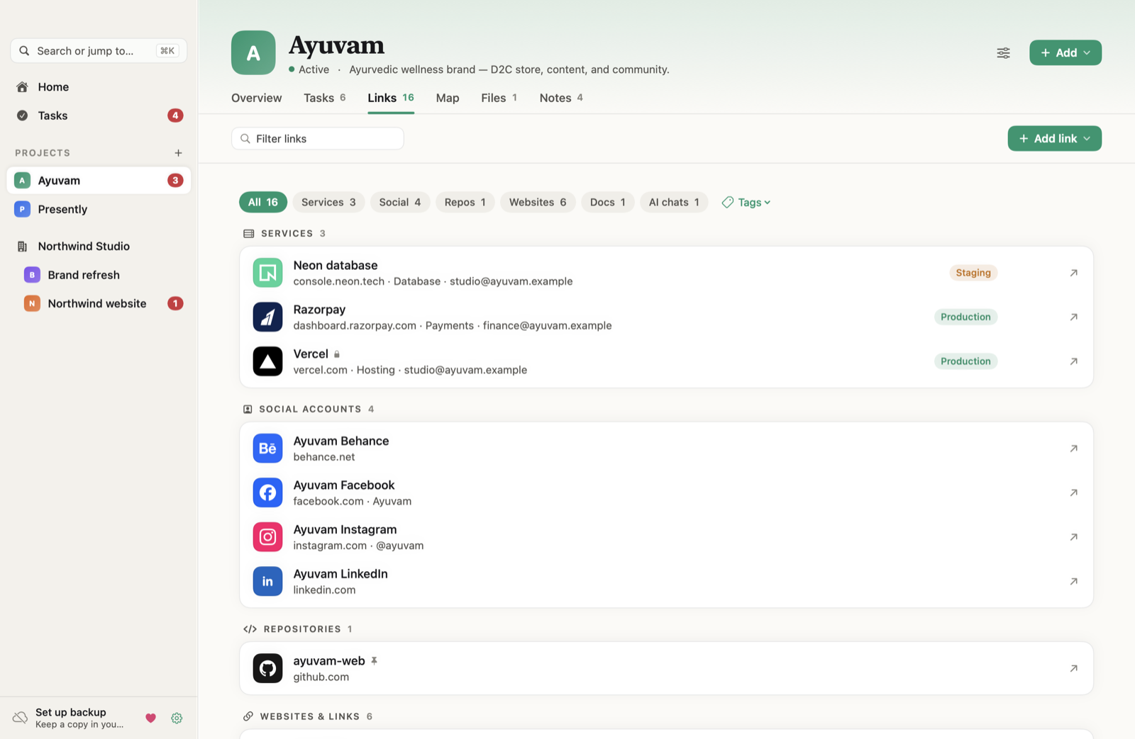 Links tab grouping services, social accounts, and repositories with brand logos